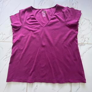 Perfect Fit Women 14 16W Magenta V Neck Stretch Short Sleeve Top